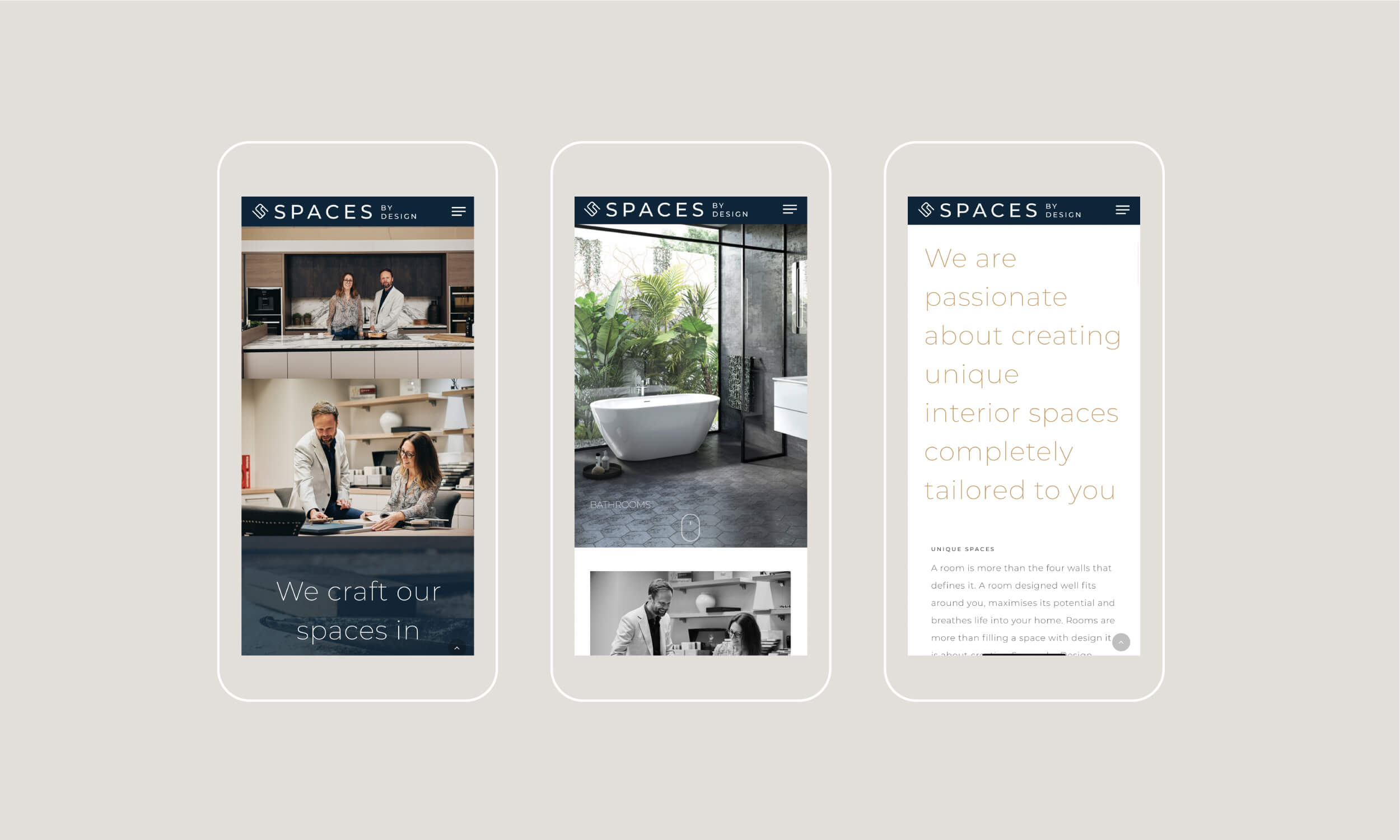 Mobile website design for Spaces by Design, interior design specialists