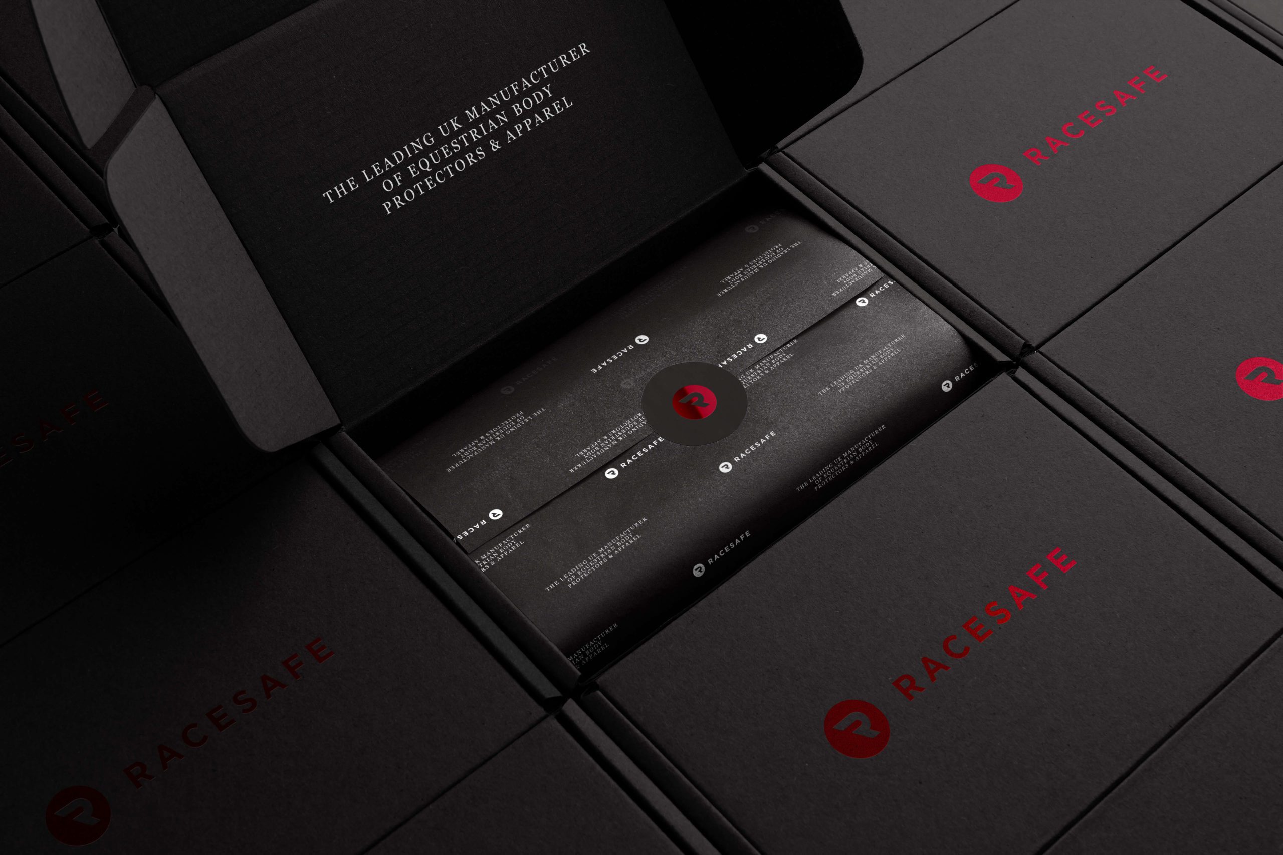 Multiple product brand packaging for equestrian sports brand, racesafe